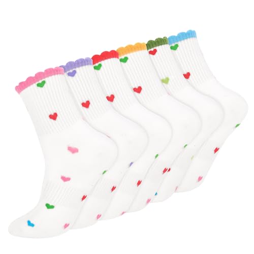 scenicamp 6 Pairs Women Ruffle Hearts Crew Socks for Ladies Girls