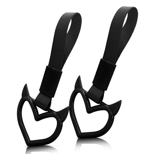 Image of 2 Pcs Devil Heart Shaped Car Handle Strap - Drift Charm Rear Bumper Warning Ring Decor for Car Interior Exterior, Subway Bus Handle Accessory, Cute Heart Car Decor Gift for Drivers (Black)