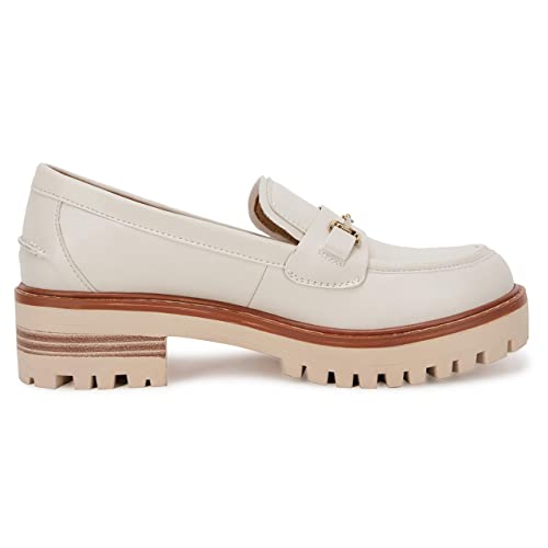 Womens Lug Sole Platform Mid Chunky Heel Loafers Classic Round Toe Slip On Office Uniform Oxfords Shoes With Metal Chain Beige #TOP2