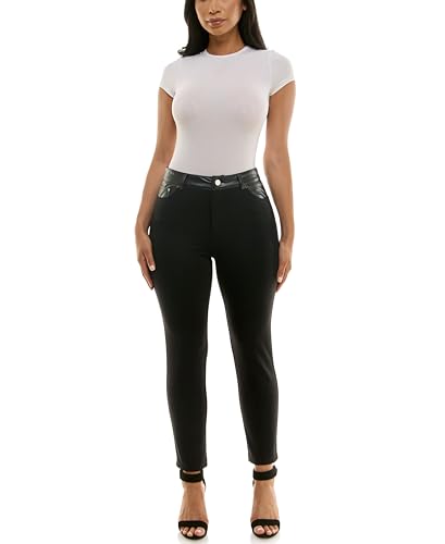 Zac & Rachel Women's Fly Front Slim Leg Compression Ponte Pant with Pleather Trim and Functional Pocket