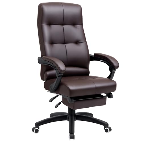 Vinsetto Silla de Oficina Giratoria Silla de Escritorio Reclinable Silla de Estudio Tapizada de PU con Altura Ajustable Reposabrazos Reposapiés 65x65x118-125 cm Marrón