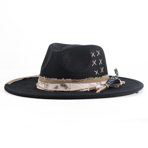 H.Busque Big Brim Fedora Mens Women Felt Boho Hat Panama Dress Up Hats Black