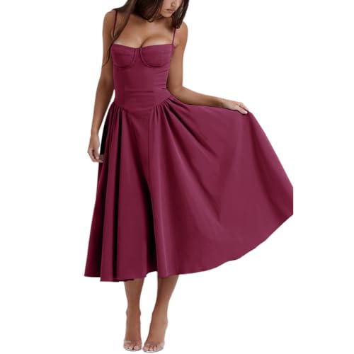 Eternatastic Women's Dance Dresses Retro Midi Dress Flowy Pleated Spaghetti Strap Party Cocktail Dress with Pockets Dark Red