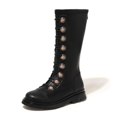 Girls Leather Lace Up Knee High Boots Fashion Back Zipper Tall Riding Boots Comfortable Round Toe Low Heel Combat Boot Little Kid/Big Kid