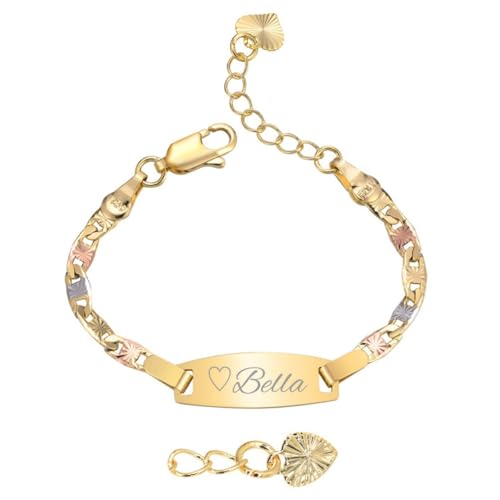 Personalized Baby ID Bracelet - 18K Gold Plated Tri-Color Chain Custom Name ID Plate Bar Bracelet for Children Toddler from Mom,Engraved Kid Name Customized Birthday,Back To School Gift for Daughter