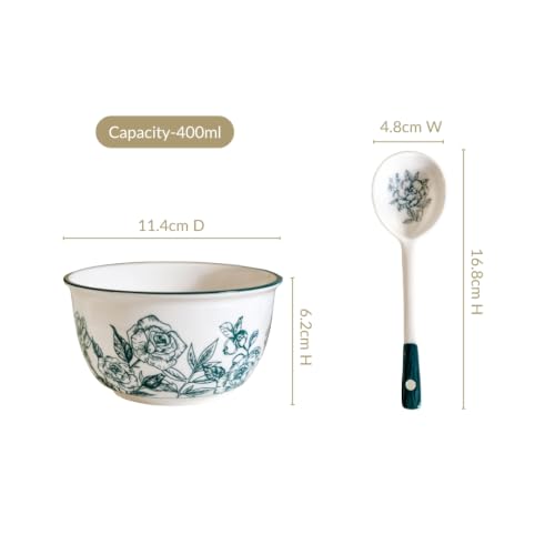 Image of Nestasia Ceramic Soup Bowl with Spoon Set of 4 (400ml Each) - Green Rose Printed Microwave & Dishwasher Safe Bowl Set for Serving Soup, Custard, & Dessert - Perfect for Gifting & Daily Use
