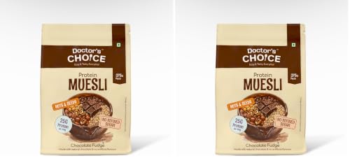 Image of DC DOCTORS CHOICE High Protein Multigrain Muesli - 22 G Protein,No Maida,No Palm Oil,Jaggery Sweetened Fiber-Rich,Preservative-Free,Healthy Crunchy Treat(375 G,Dark Choco Berry Muesli) (Pack of 2)