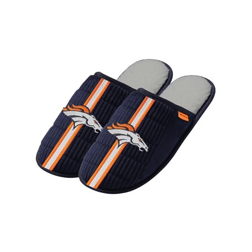 FOCO NFL Men's Officially Licensed Primary Logo Game Day Team Color Football Sherpa Slide Slipper - Denver Broncos - Navy - (Large 11-12)