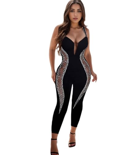 Image of Jigfar Women Sexy Elegant Rhinestone Mesh See Through V Neck Bodycon Jumpsuit Party Club Night Outfits Playsuits(FK3260,Black,XXL)