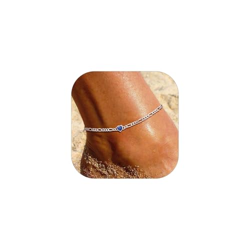 U7 SILVERCUTE Sterling Silver Anklets for Women, Large Heart/Round Birthstone Ankle Bracelet with Figaro Chain, Waterproof Summer Beach Foot Jewelry Length 8.5
