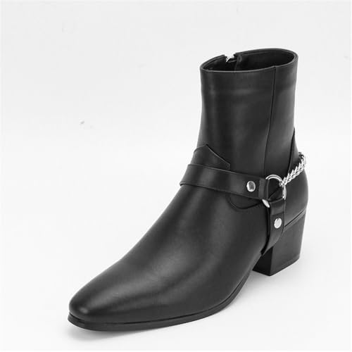 CHUUMEE Men's Belt Buckle Chain Strap Ankle Boots Fashion Side Zipper High Heel Dress Boots2