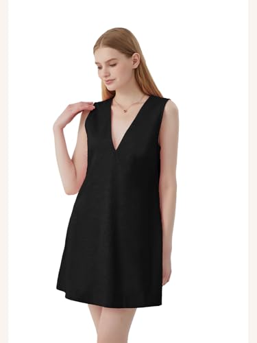 Image of hibshaby Womens Summer Cotton Linen V Neck Short Dress 2025 Sleeveless Mini Dress Casual Tank Dress Sundress with Pockets