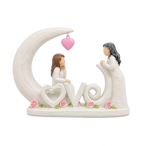 Figura decorativa madre e hija en resina con corazón rosa miniatura 1