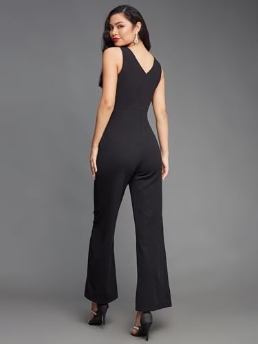 Image of Miss Chase Women's Halter Neck Sleeveless Solid Wide Leg Sequin Paneled Regular Length Jumpsuit
