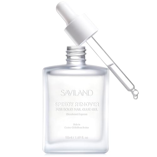 SAVILAND Nail Glue Remover for Press on Nails: 50 ML Solid Gel Glue Remover for Nail Tips, Quick Gentle Removal with Castor Oil VE, Non-Drying Odor-Free Non-Acetone Glue Remover Not for Gel Polish