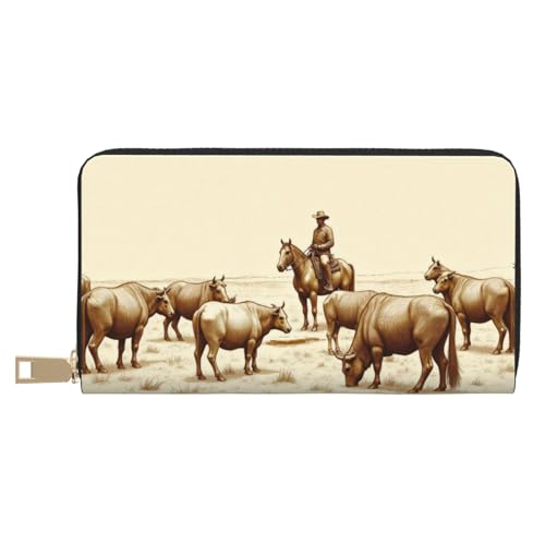 Wallet Women - Vintage Brown Cowboy Cattle Print Leather Wallet for Women with Zipper, Cute Bifold Long Ladies Wallets