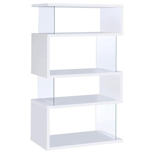 BOWERY HILL 4-Shelf Zigzag Wood Bookcase, Glossy White Finish, Glass Side Panels, Contemporary Design, 63' H x 35.5' W x 15.5' D, Open Shelves, Functional Storage for Home Office or Living Room