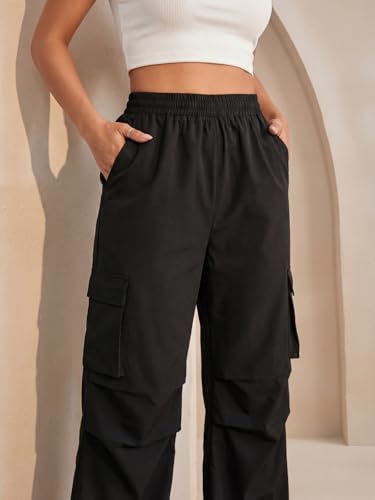 Image of GRECIILOOKS High Waist Cotton Trousers for Women - Flared Parachute Pants with Side Pockets | Casual Travel Cargo Pants