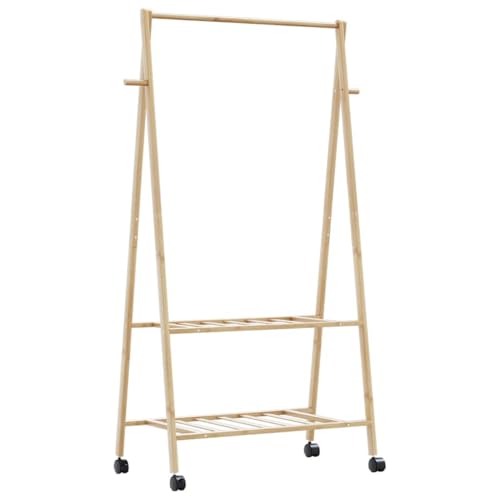 Nqyjm Perchero con estantes y Ruedas 96x45,5x155,5 cm bambú Burro Ropa,Organizador Robusto para Colgar Perchas, Camisas, Pantalones, Montaje Fácil con Ruedas