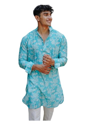 Image of LookMark Men's Cotton Blend Printed Long Kurta Suitable for All Indian Wedding, Occasions, and Festivals