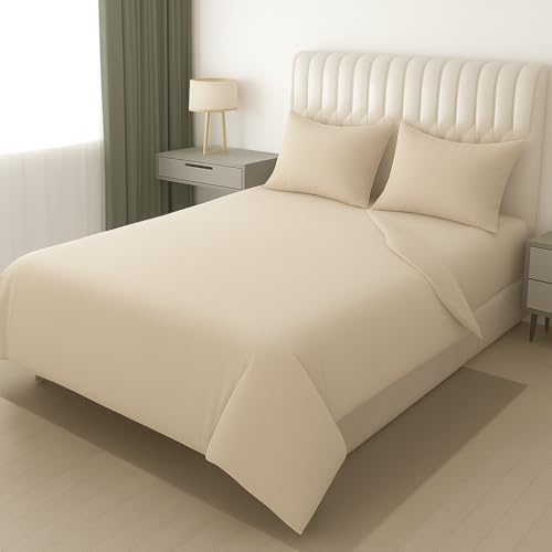 Image of DECOR2ADMIRE Cotton Bedsheet 300 Thread Count - Soft Solid Bed Sheet Set for Home, Bedroom & Hotel Use | with 2 Pillow Covers (Beige, Super King 108 inch x 108 inch)