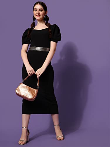 Image of Sheetal Associates Women's Puff Sleeves Sweetheart NeckSlit Bodycon Casual Midi Dress