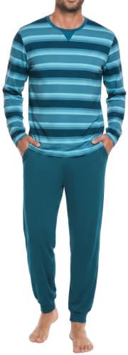 Leversic Zweiteiliger Pyjamaset Herren Lang Rundhals Streifen | Schlafanzug Herren Lang Aus Baumwolle mit Tasche; bequem als Schlafanzug und Loungewear.