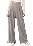 EVALESS Women's High Waisted Pants Plain Solid Color Wide Leg Waffle Knit Dressy Business Casual Pants Stretchy Trousers with Pockets Light Grey X-Large