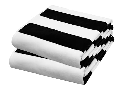 COTTON CRAFT Oversized Beach Towel - 2 Pack 35 x 70 inches XL Beach Towel - 100% Cotton Velour - Big & Huge - Thick Plush 450 GSM Super Soft Luxury Towel - Pool Picnic Bath - Cabana Stripe Black