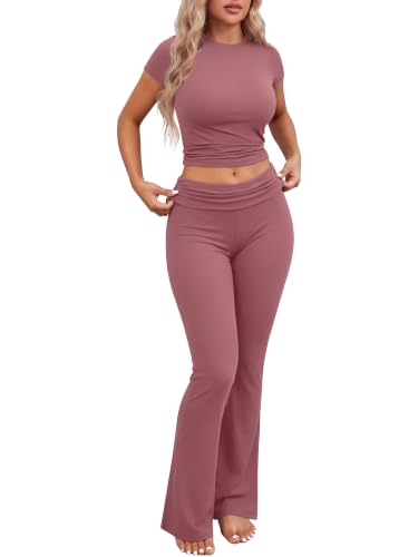 Image of Ekouaer Womens Pajama Set Short Sleeve Crop Top Foldover Flare Pants | Soft Comfy Stretchy, Summer Wear Fall Layer, High Waist Fold Waistband For Loungewear Yoga Daily Casual Wear