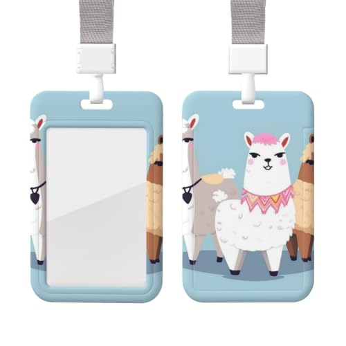 Sliding Badge Holder with Lanyard Vertical ID Card Holder Plastic Name Tag Cute Alpacas Card Case Protector Pouch with Clear Window for Nurse Officer Teacher ID Credit Cards