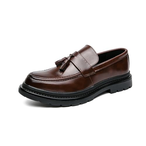 Men's Leather Tassel Platform Slip On Loafers Round Toe Lug Sole Non-Slip Dress Shoes Casual Low...