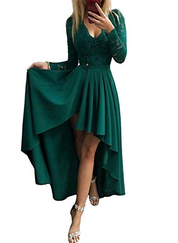 Diukia Women’s Sexy Lace Long Sleeve High Low Maxi Dress V Neck Back Cutout Cocktail Party Dresses Elegant Formal Dresses for Evening Club Prom Dating Wedding Ceremony Bridesmaid Green M