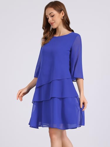 Image of Seta T Women's Chiffon Dresses 3 /4 Bell Sleeve Crewneck Tiered Layered Flowy Dress Party Wedding Outfits