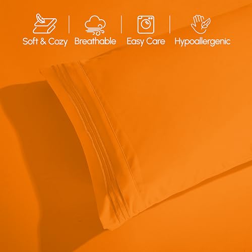 Image of Elegant Comfort Luxurious 1500 Premium Hotel Quality Microfiber Three Line Embroidered Softest 4-Piece Bed Sheet Set, Wrinkle and Fade Resistant, Twin /Twin XL, Orange