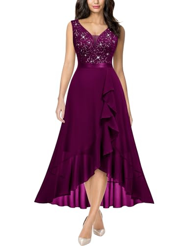 Image of Miusol Women's Vintage V-Neck Sleeveless Sequined Floral Lace Ruffle Split Evening Party Dress | Deep V-neck, sleeveless, sequin lace, ruffle design dress, suit for cocktail party, wedding and banquet