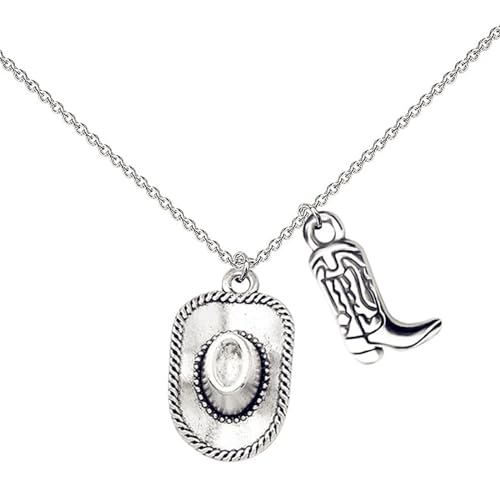 Cowgirl Cowboy Boot Hat Pendant Necklace Silver Plated Boho Personalized Texas Boots Adjustable Chain Necklace for Cool Men Western Style Country Women Birthday Party Fashion Jewelry Gifts