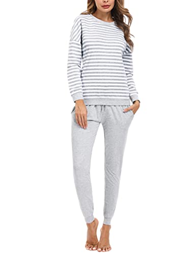 Bresdk Ensembles de Pyjama Femme Coton Pyjama Hiver Vêtements de Nuit à Manches Longues Costume de Maison rayée à Col Rond Chaud et Doux, Gris, M Cover