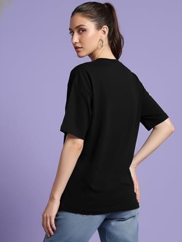 Image of LEOTUDE Women's Oversized Printed Round Neck Half Sleeve Baggy Fit Drop Shoulder Korean Style Oversized T-Shirt for Women's (Color: Black)