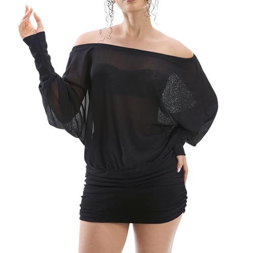 Image of Women's Off The Shoulder Dress Long Sleeve Batwing Mini Ruched Sheer Y2K Oversized Club Sexy Night Out Dresses