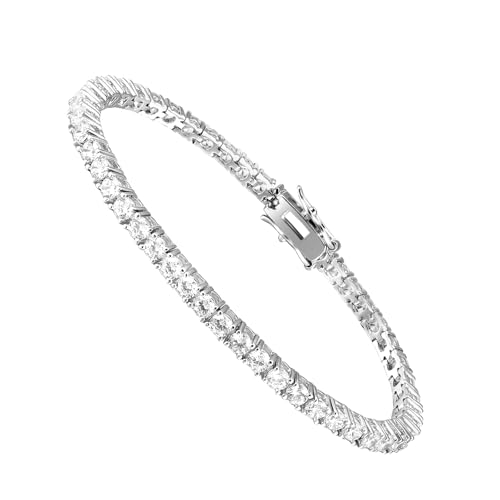 18K White Gold Plated 3mm Round CZ Classic Tennis Bracelet for Women and Men Diamond Chain Sizes 6-9 Inches 4 Prong