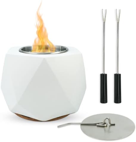 Tabletop Fire Pit – Smokeless & Odor Free Mini Fire Pit – Indoor & Outdoor Smores Maker – Portable Tabletop Fireplace – Modern Durable Concrete Fire Bowl – 1 Hour Burn Time – White
