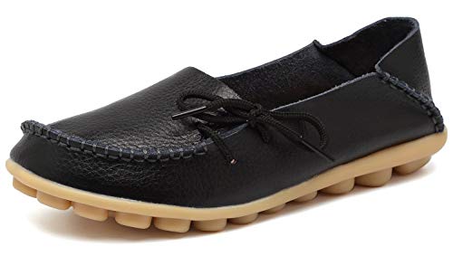 Mocassins Femme Cuir Loafers Bateau Chaussures Plates Chaussures de Conduite Confort Casual Sandales, Noir A, 38 EU Cover