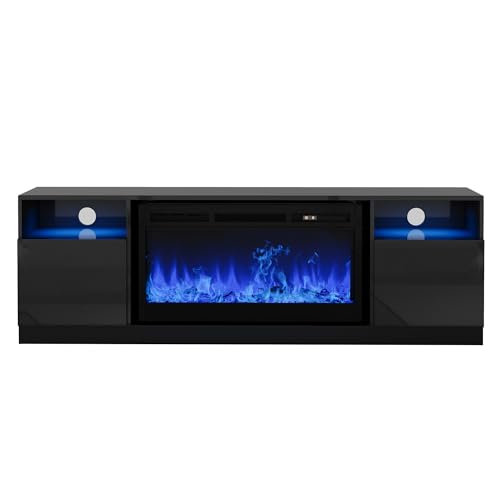Garvee 70 in Fireplace TV Stand with 36 in Electric Fireplace, LED Flame, Black Wood Grain Entertainment Center with Storage Cabinets for TVs up to 80 in, Modern Media Console, Black