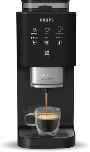 KRUPS Coffee Crush, Cafetera automática, Café en Grano y Molido, 15 Bares, 3 recetas de café, 3 niveles de temperatura y de molienda, Pantalla táctil, Compacta 15 cm de ancho, Negro, SA4028E0