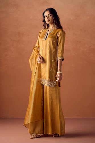Image of FIORRA Women Mustard Tissue Blend Hand Embroidered Kurta Set with Dupatta