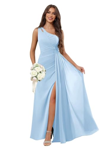 Sukleet One Shoulder Bridesmaid Dresses for Women A Line Ruched Chiffon Long Formal Wedding Guest Dress with Slit