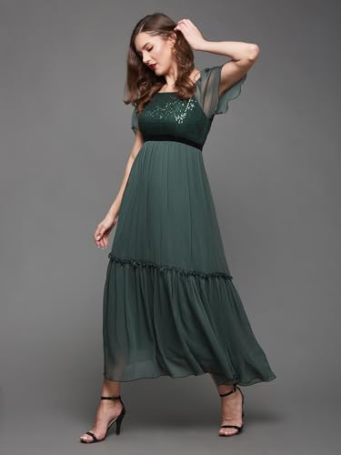 Image of Miss Chase Women's Round Neck Sleeve Embellished Fit Flare Maxi Dress