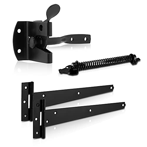 XFORT Premier Auto Gate Latch Black Pack, Complete with 300mm T-Hinges & 8 Gate Spring, Weather Resistant Garden Gate Kit, Auto Gate Latch Set, Gate Fitting Kit Ideal for External Wooden Garden Gates
