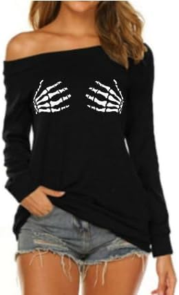COLORFUL BLING Halloween Skull Shirts Long Sleeve Skull Graphic Print Slouchy Shirt Crewneck Pullover for Women